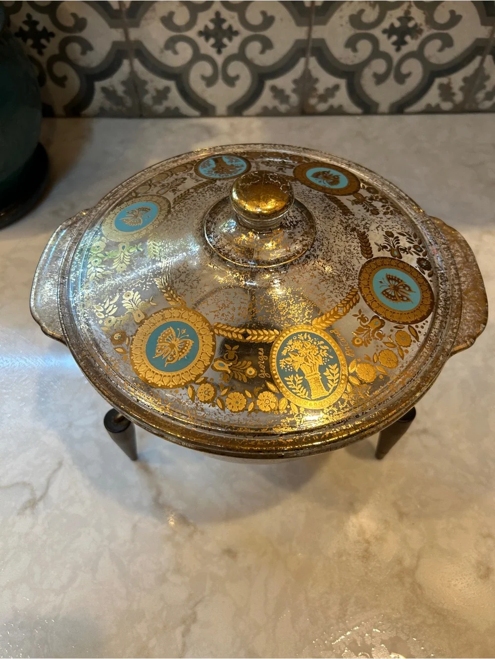 RARE! FireKing Mid Century Modern “Rocket Space”Casserole Dish & Warming Stand